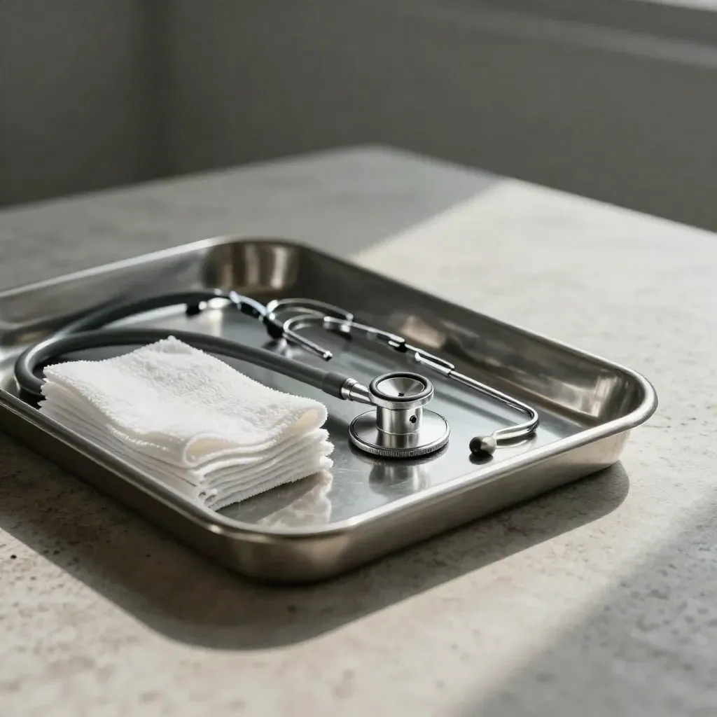 Stainless medical tray with gauze, stethoscope, and clip case on pale stone