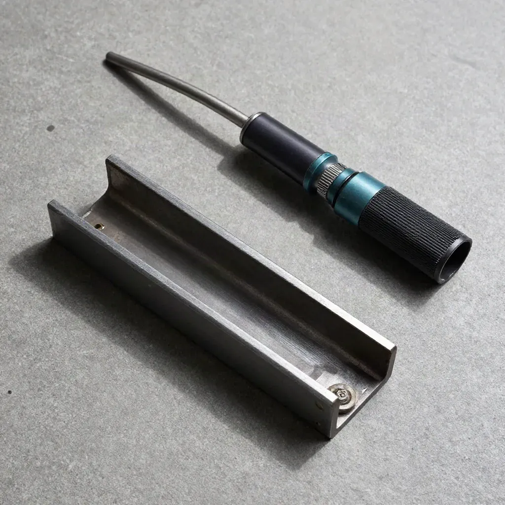 Steel rail clip, relay housing shell and grease-dark torch on graphite concrete with teal accent.