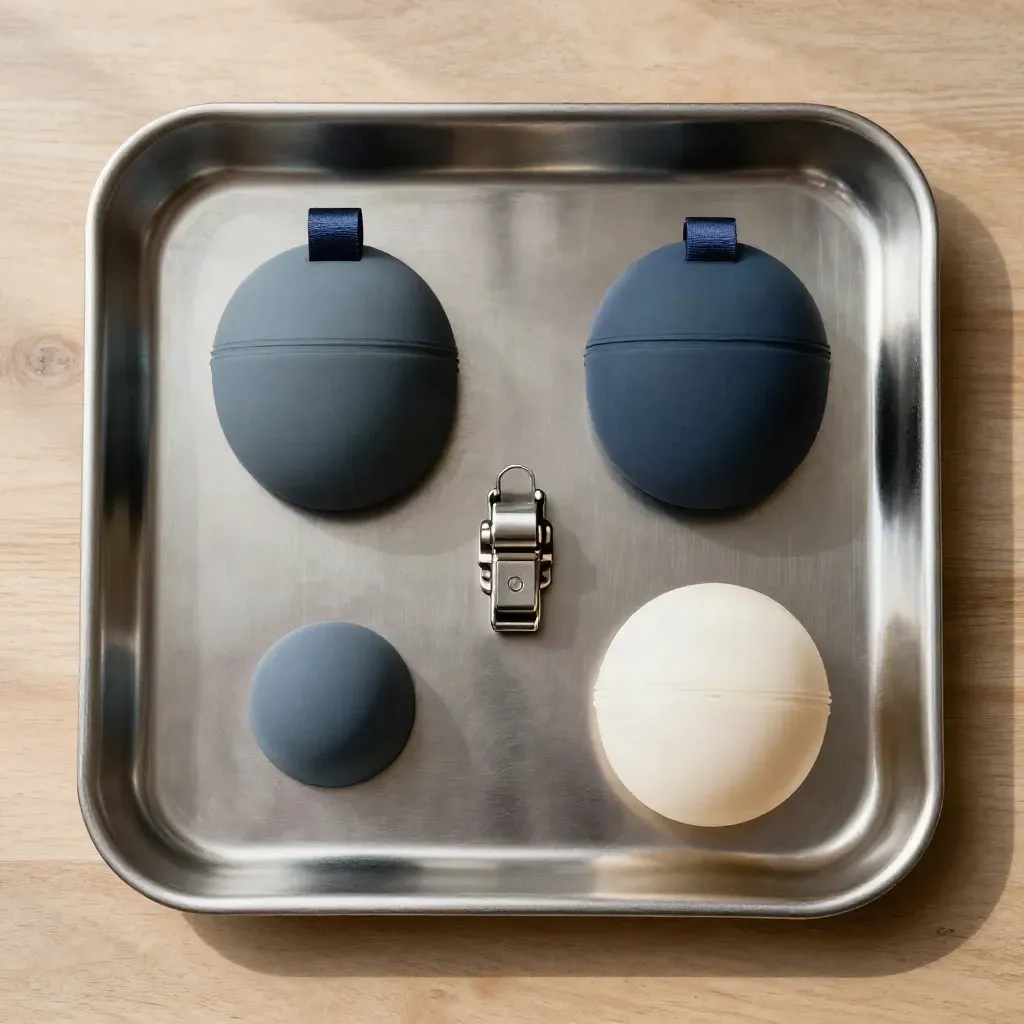 Overhead still life of a care tray, ear-tip case, and locked latch on pale oak