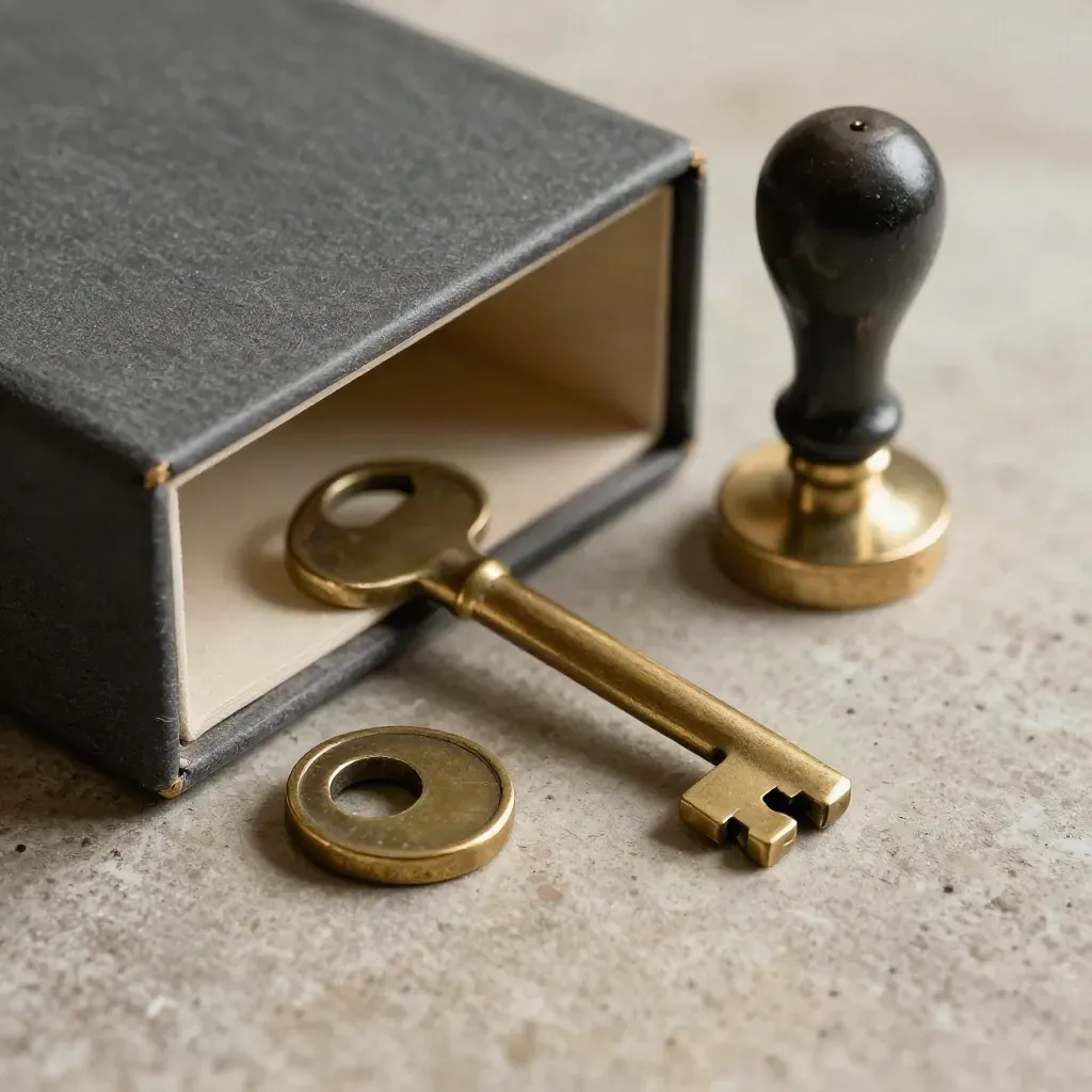 Brass safe key, desk seal, and ledger box corner on warm stone