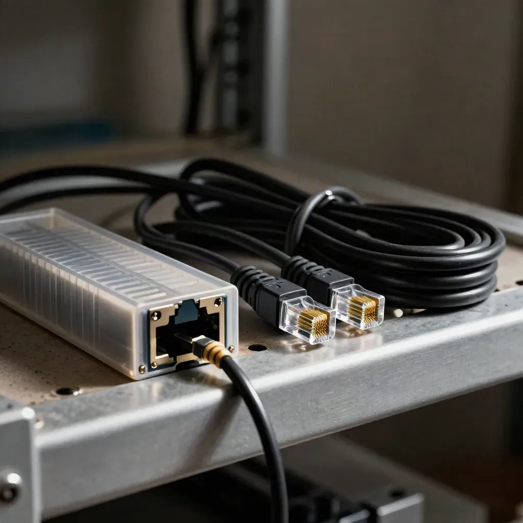 Telecom splice tray with RJ45 plugs and coiled patch lead on a metal rack shelf