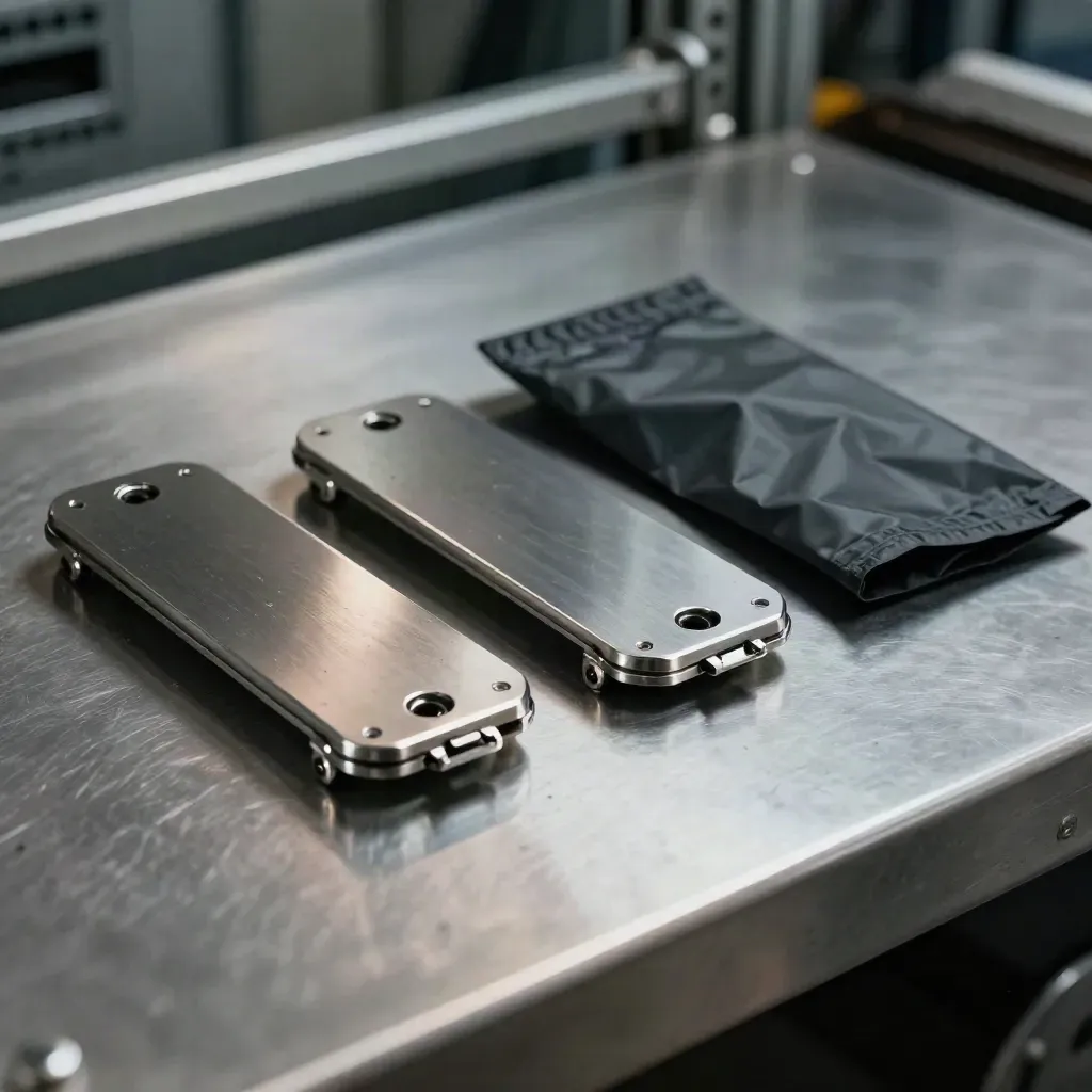 Drive caddies and a spare data sled on a brushed metal bench