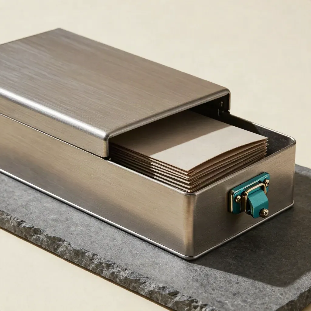 Brushed lockbox with archive sleeves and keyed latch on a neutral surface.