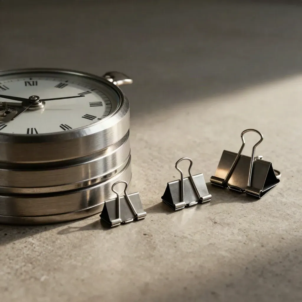 Metal time dial with stacked rings and three archive clips on a limestone surface.
