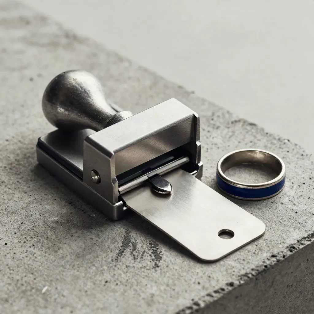 Macro still life of inspection tags, stamp counter and sealed ring on concrete