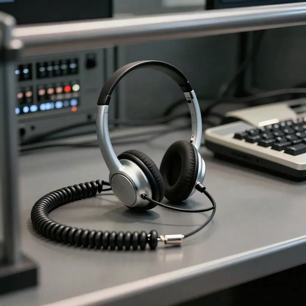Contact-centre headset, handset cradle, and cable loom in a dim telecom service bay