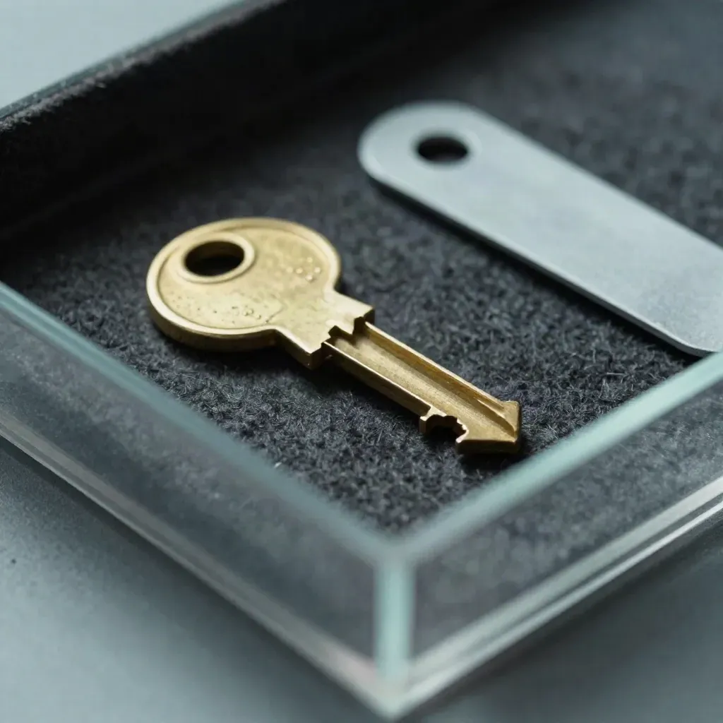 Snapped tamper seal, brass key blank and evidence clip on dark felt behind frosted acrylic.