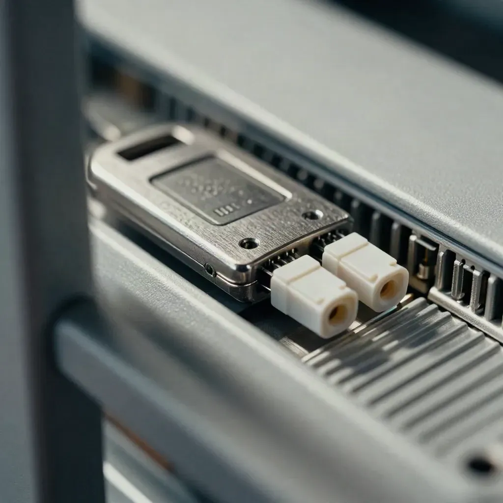 Macro of a security key, drive sled and patch plugs beside a server rack rail.