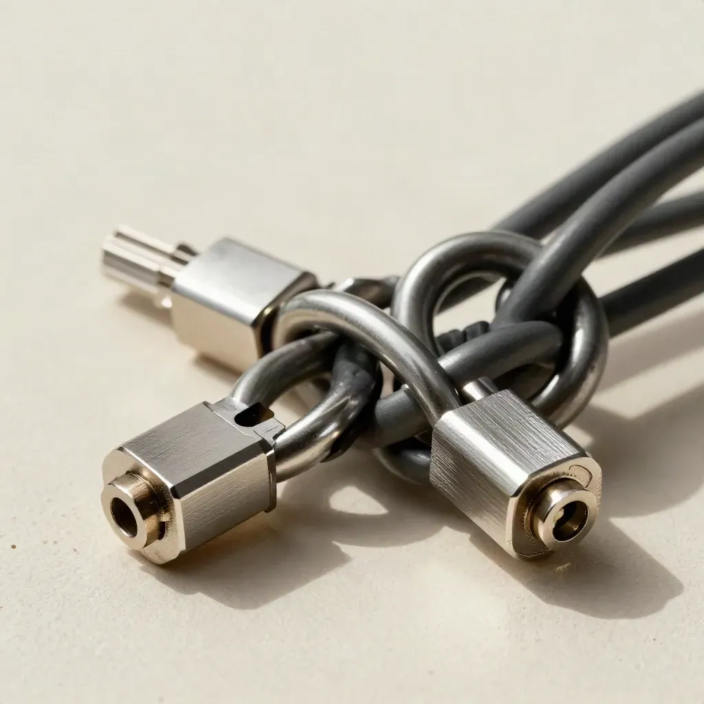 Interlocked metal rings, cable loop, and connector blocks on ivory stone under dramatic light.