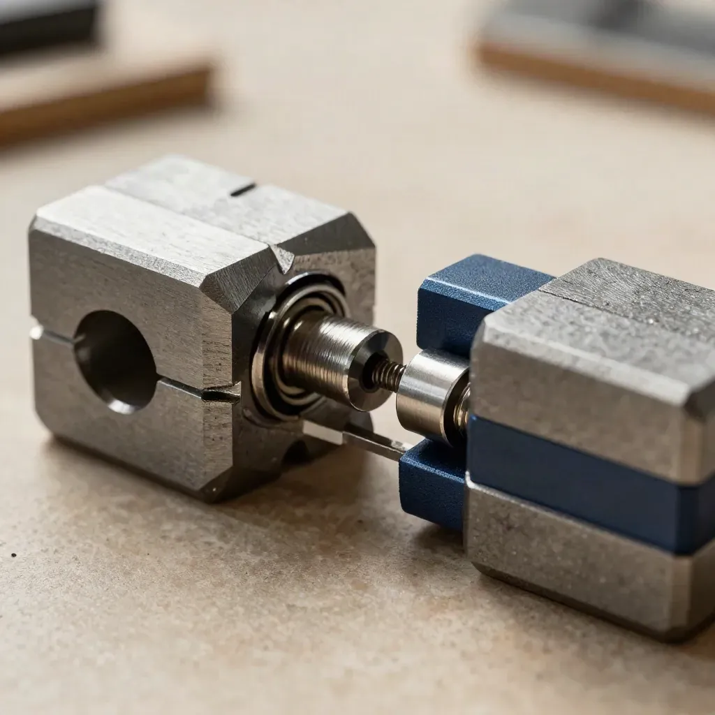Machined connector blocks and alignment pins on a matte stone surface with a navy accent