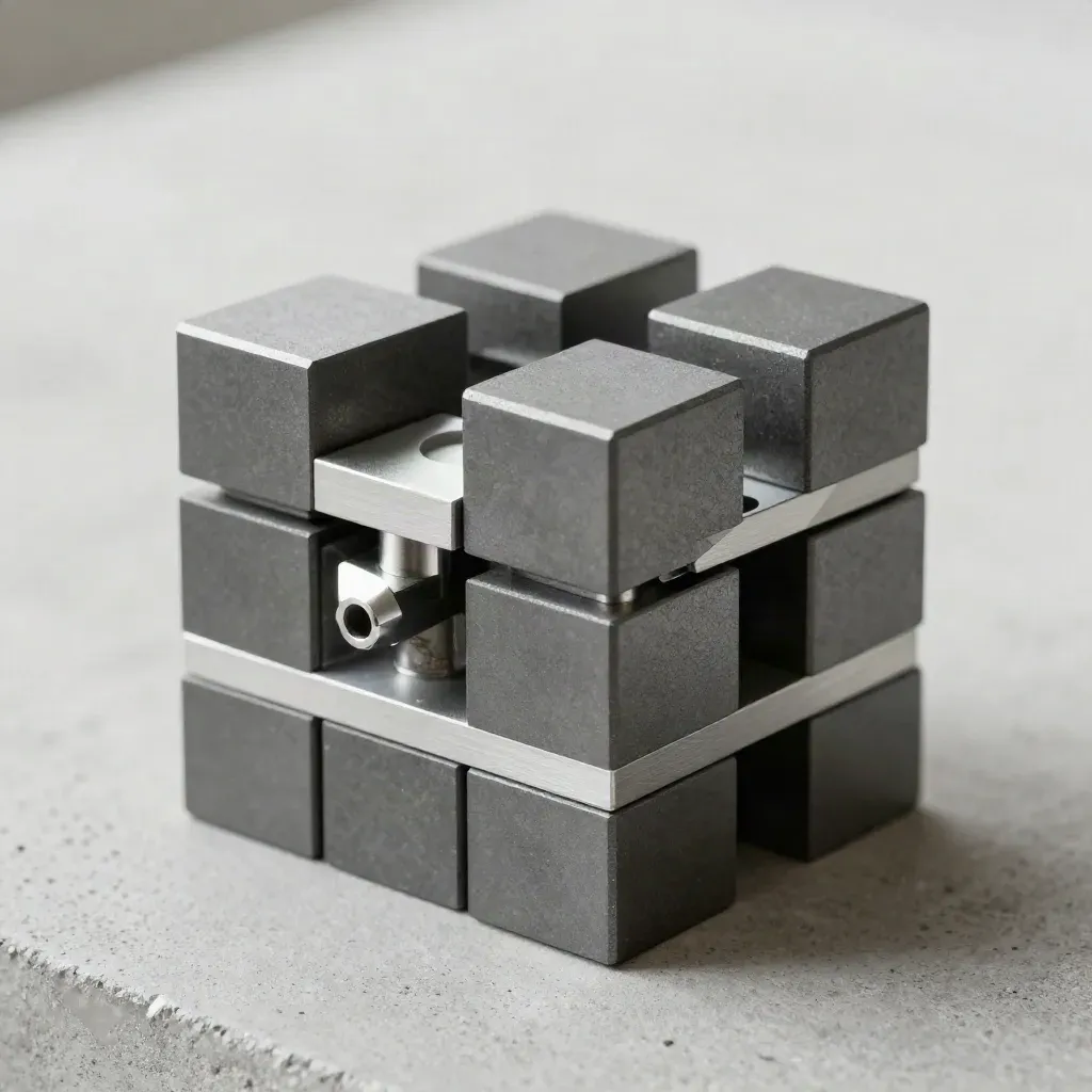 Graphite modular cubes and a silver connector on concrete, lit from above