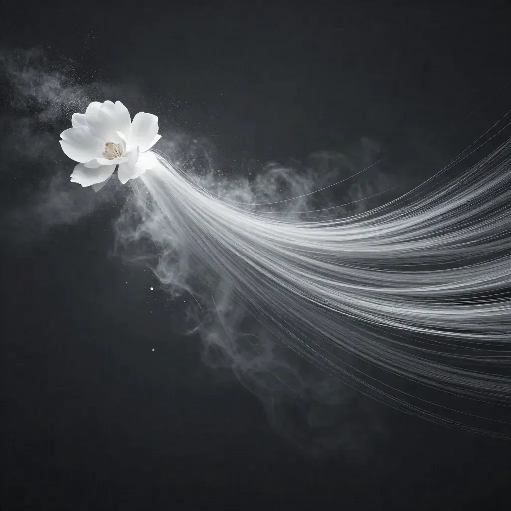 Silver light filaments stream into a soft white bloom in dark graphite haze.