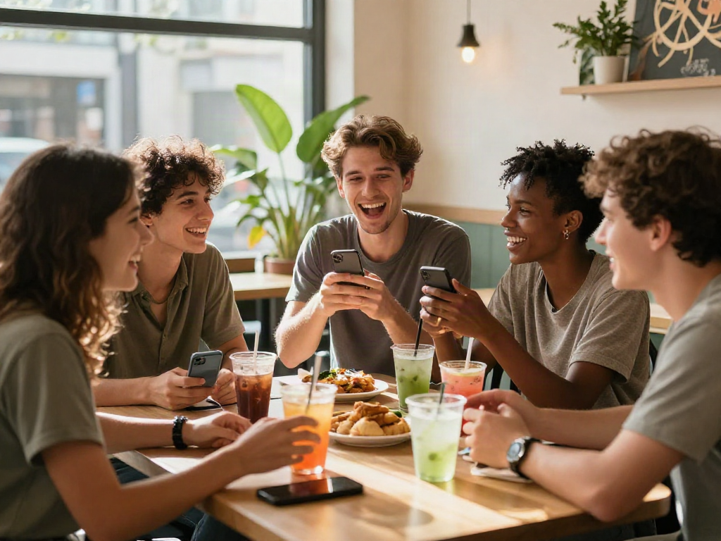 Group of friends enjoying a spicy chat at a lively cafe with colorful drinks and laughter.
